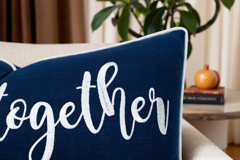 YugTex Romantic Couple Love Sentiment Embroidered Decorative Sayings Lumbar Accent Throw Pillowcase - and So Together Phrase Decor for Wedding, Anniversary, Valentine - 12x20 Inches, Navy Blue - Image 2
